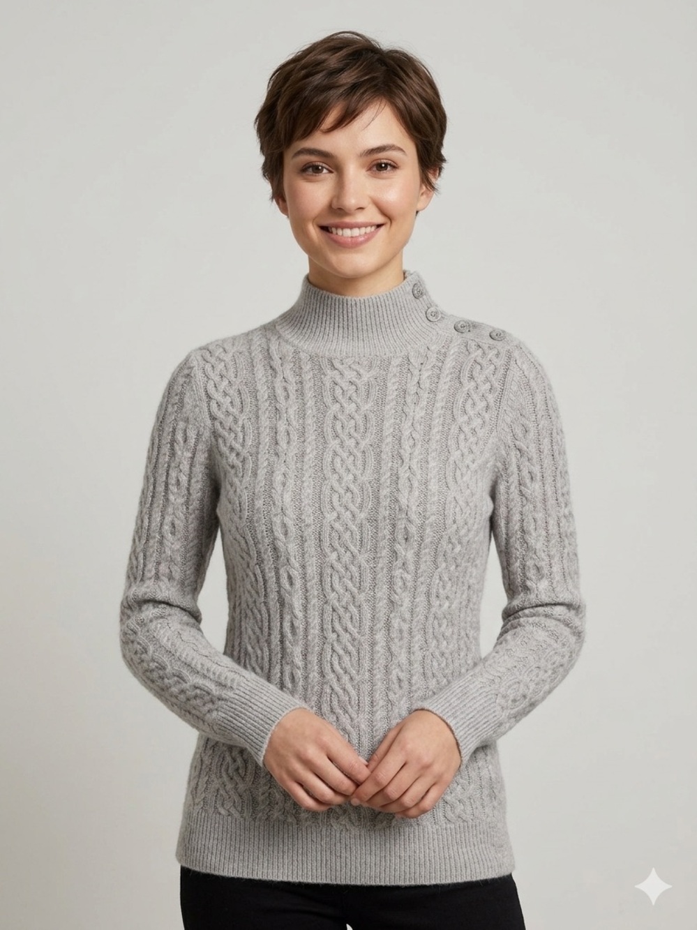 Talbots Angora Blend Gray Cable Knit Sweater Mock Neck Button Detail SP